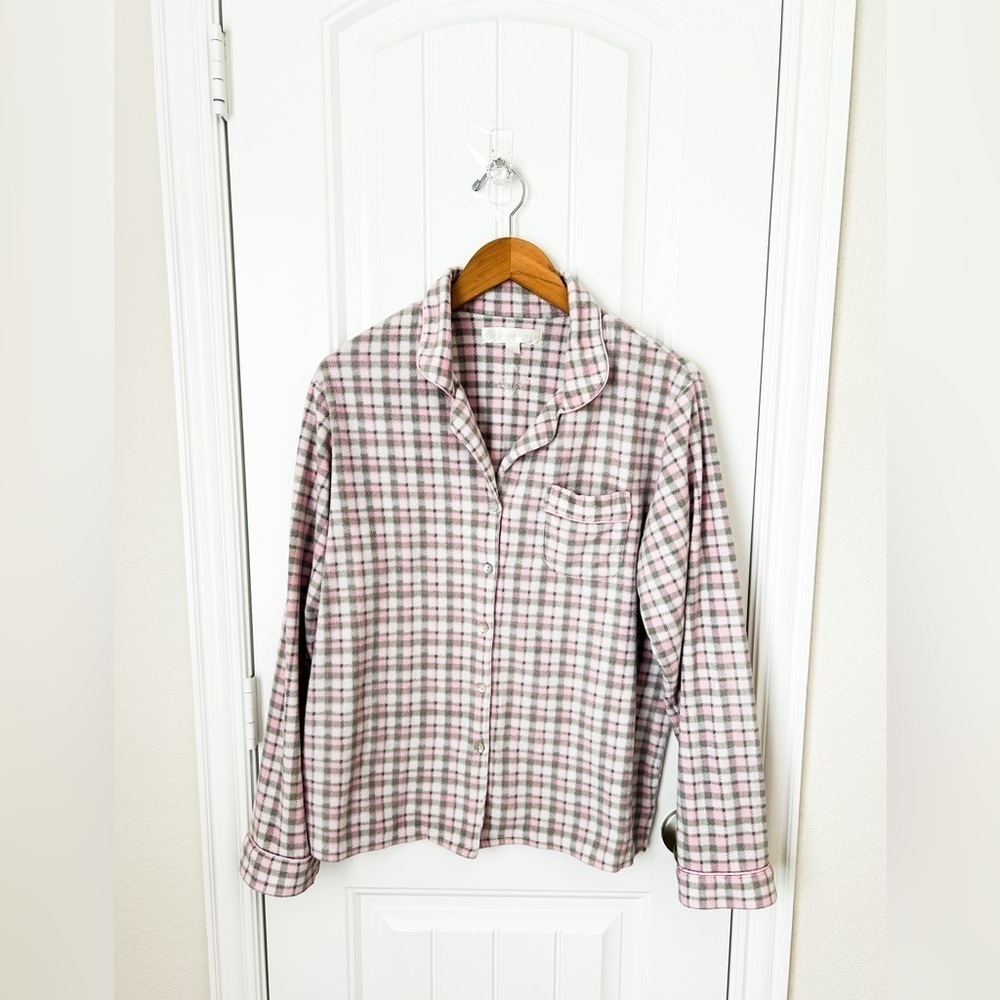 Eileen West Long Sleeve Plaid Fleece Pajama Button Down Shirt Size Large